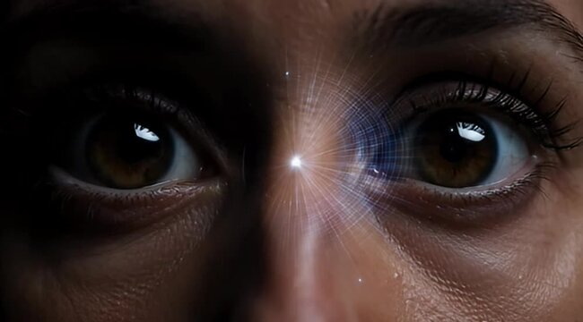 Intense gaze with radiant light focusing on the third eye point center