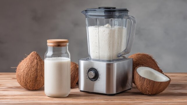 Blender with Coconut Milk and Fresh Coconuts on Wooden Surface for Healthy Drink Preparation and Beverage Making in Kitchen Environment
