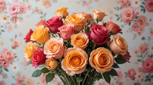 Vibrant bouquet of colorful roses against a soft floral background.