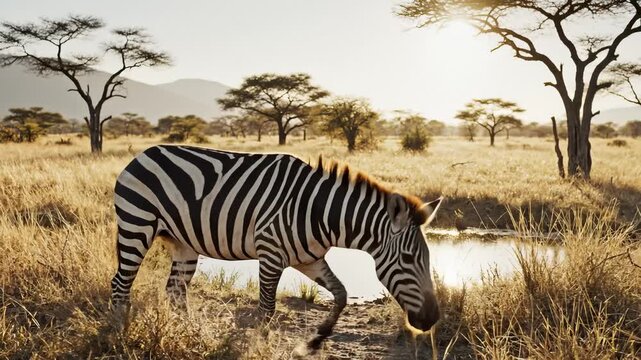 Zebra Drinking Water in African Savanna With Acacia Trees During Golden Hour