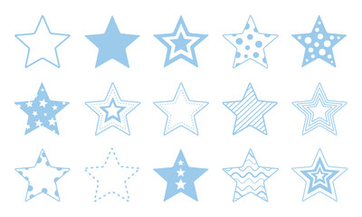 Obraz premium Blue stars set collection. Minimal star doodle hand drawn icons. Outline drawing star clipart symbol. Vector images.