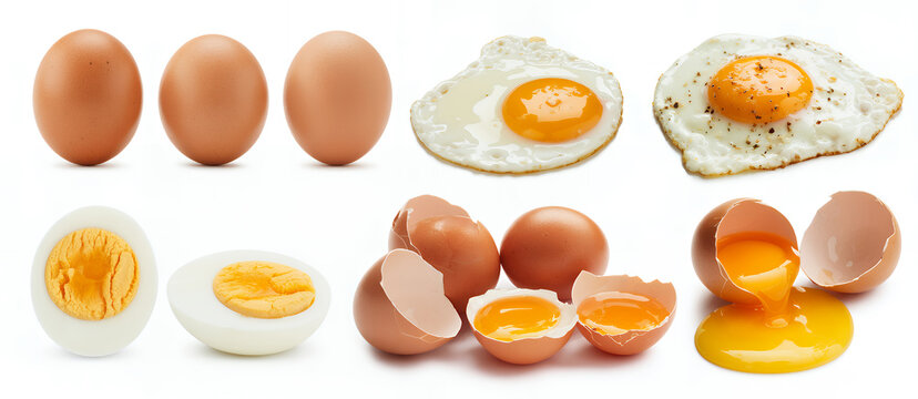 Various eggs and egg preparations fried boiled cracked