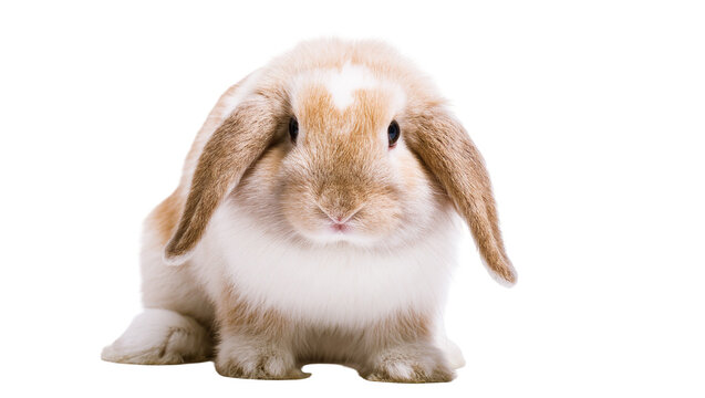 Isolated adorable fluffy light brown and white lop-eared domestic rabbit pet sitting facing camera