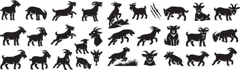 Obraz premium Farm Goat Silhouettes and Livestock Vector Design Elements.