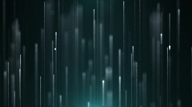 Futuristic vertical light lines falling on dark background forming a digital data stream. Abstract technology motion with glowing particles and cyber style. Seamless looping 4k video.