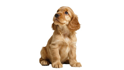 Isolated cute young fluffy fawn colored Cocker Spaniel puppy dog sitting looking up © Eustace