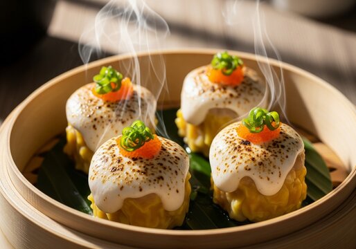 Steaming Shumai Dim Sum with Mentai Sauce and Tobiko in Bamboo Steamer
