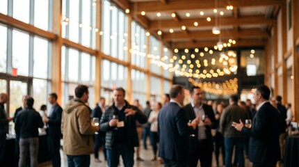 Obraz premium A large group of people gather in a spacious, modern hall with high ceilings and large windows, engaged in conversation during an event.