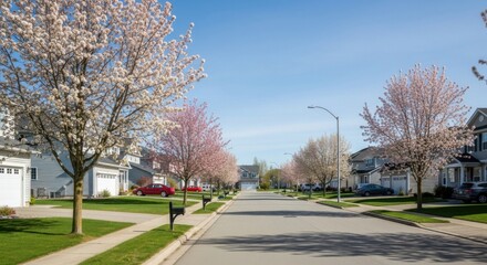 Obraz premium suburban street with blooming trees
