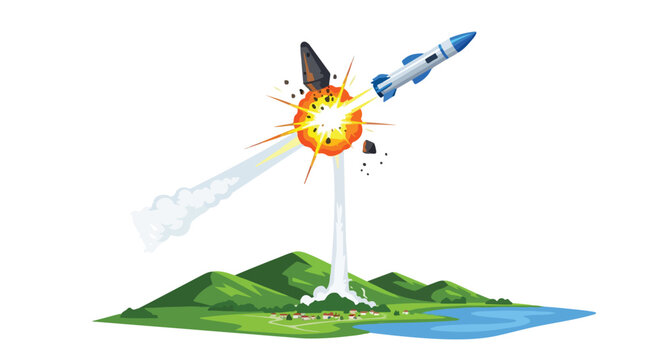 A missile defense concept illustration showing a rocket intercepting a missile in a flat 2D graphic with a green landscape and blue water background, conveying a sense of action and