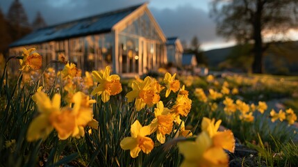 Obraz premium Field of Yellow Daffodils with Glass Green House at Sunset in Background in Rural Landscape