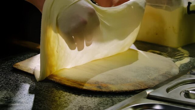 Pizza maker lays thin dough sheet on wooden peel near oven stone. Pizza maker stretches rim pressing dough flat across board surface