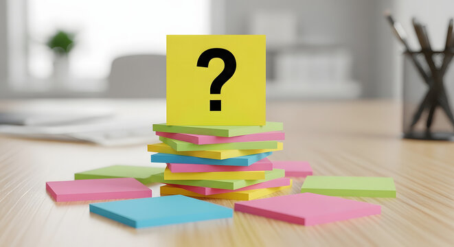 A stack of colorful sticky notes with a question mark on top note close up detail view natural light - Generated AI.