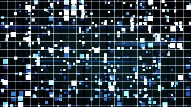 Digital grid with glowing blue and white squares forming a futuristic data matrix. Abstract technology background with dynamic pixel motion.