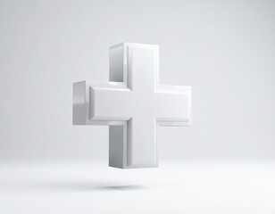 Obraz premium A close-up 3D render of a white plus sign symbol with soft shadows and a light grey background, representing addition or medical concepts