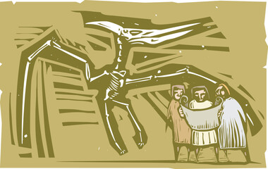 Woodcut style image of Paleontologists finding a Pterodactyl Fossil © xunantunich