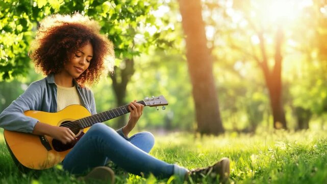 Serene Melodies: A young woman finds solace in music, her fingers dancing across the strings of an acoustic guitar, lost in a moment of tranquil self-expression in a park.