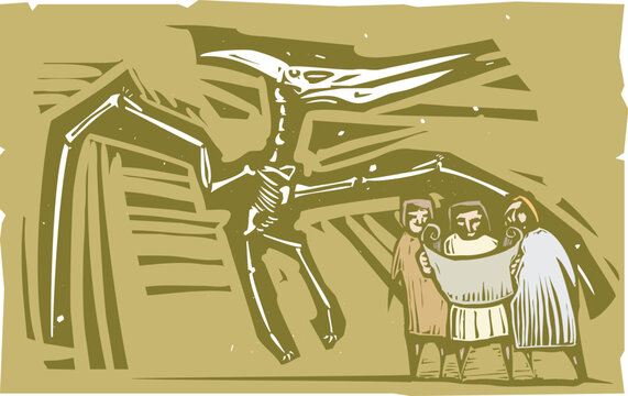Woodcut style image of Paleontologists finding a Pterodactyl Fossil