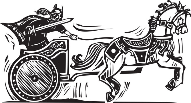 Woodcut style image of a viking in a chariot