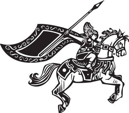 Woodcut style image of a norse Valkyrie on Horseback