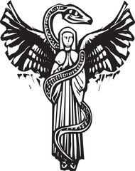 Naklejka premium Woodcut style image of a winged Angel and Serpent