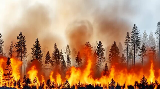Forest Fire Devastation: A raging forest fire engulfs a vast expanse of trees, with flames fiercely consuming everything in their path and smoke billows into the sky.