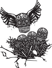 Naklejka premium Winged Mexican day of the dead skull returning to nest of baby skulls 