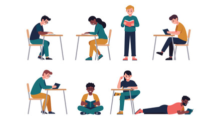 Students reading and studying at desks in classroom environment flat vector