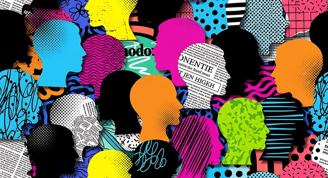 Pop-Art Explosion Diverse People Crowd Seamless Pattern - Overlapping Silhouettes in Cyan Magenta Yellow Green Orange Violet with Halftone Newsprint Grid Textures - Vibrant Collage Art for Wallpaper F