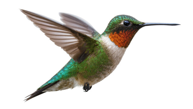 Isolated male ruby-throated hummingbird in flight, wings outstretched, vibrant feathers