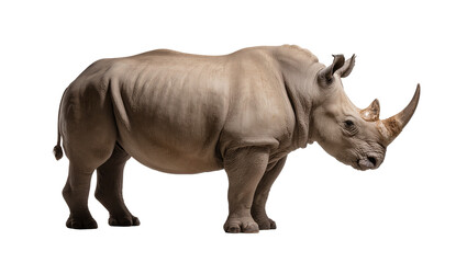 Obraz premium Isolated majestic rhinoceros standing in profile, powerful horned mammal from African savanna