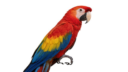 Isolated vibrant scarlet macaw parrot with stunning blue and yellow feathers standing gracefully. © Ari