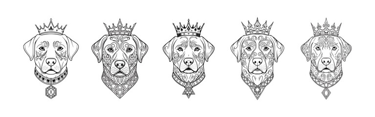 Set of Royal Labrador Dog Portraits with Crowns, Ornate Line Art Vector © prettygfx