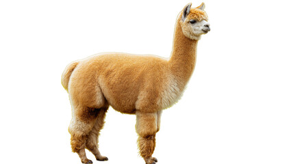 Isolated adorable fluffy light brown alpaca standing gracefully, beautiful mammal portrait © Ari