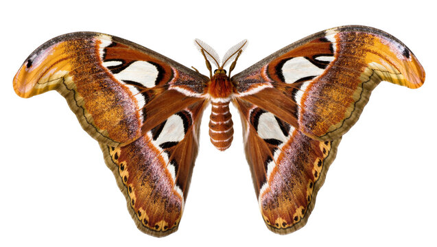 Isolated majestic Atlas moth, a giant tropical silk moth with striking brown and orange wing patterns
