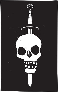 Woodcut style image of a sword piercing a skull