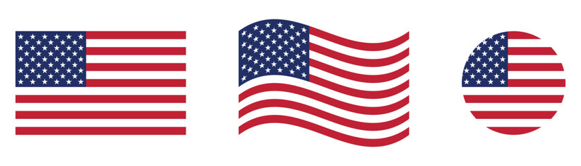 United States Flag Icon Set American Stars and Stripes Flat, Waving and Round USA Flag Vector Collection © Matiar Rahman