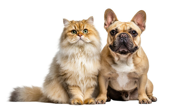 Isolated cute long-haired cat with green eyes and a fawn French Bulldog sitting side by side.