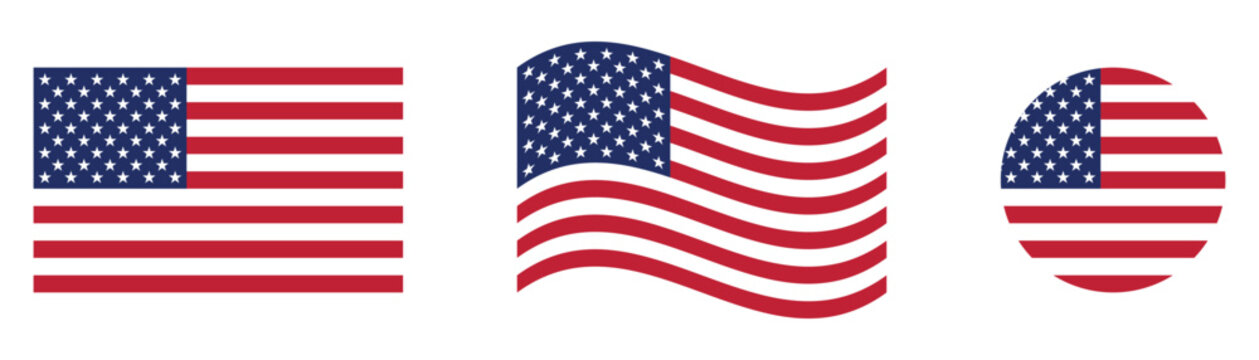 United States Flag Icon Set American Stars and Stripes Flat, Waving and Round USA Flag Vector Collection
