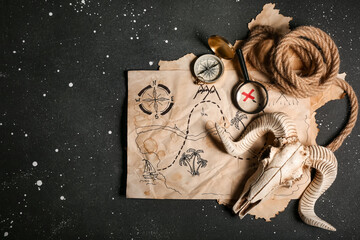 Sheep scull with travel equipment and treasure map on grunge black background © Pixel-Shot