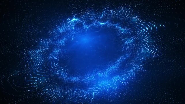 Blue glowing particle vortex forming a digital cosmic tunnel. Abstract futuristic technology background with flowing energy waves and dynamic motion.