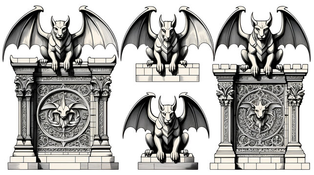set of Gargoyles Chimera of Notre-Dame de Paris, engraved, hand drawn vector illustration with gothic guardians include architectual elements, vintage statue medieval
