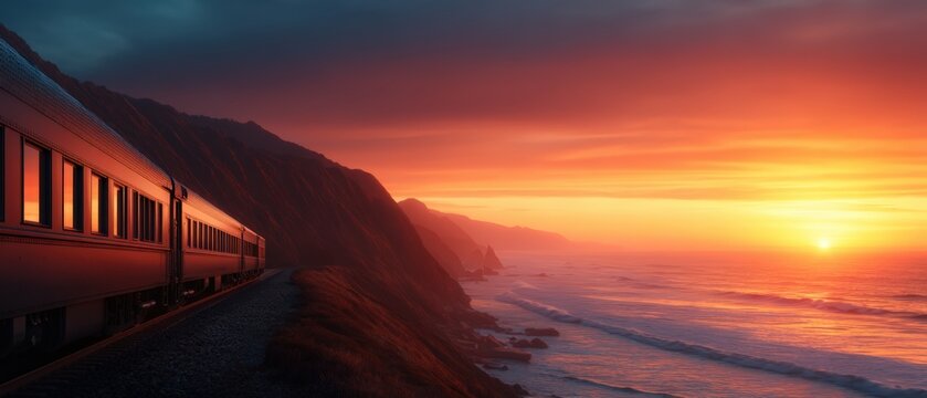 A scenic train travels along a coastal cliff at sunset, with vibrant orange skies and waves crashing below.
