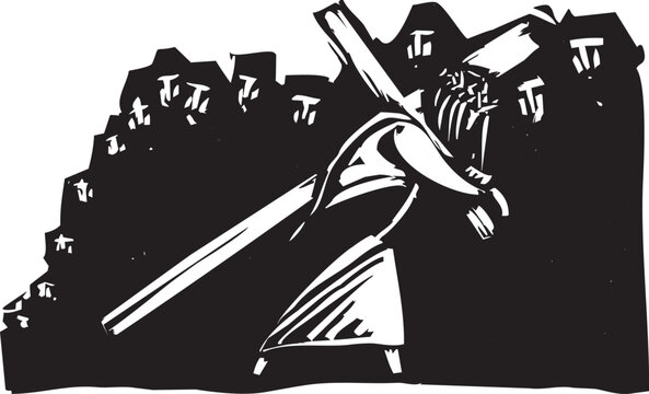 Woodcut style image of Jesus carrying his cross
