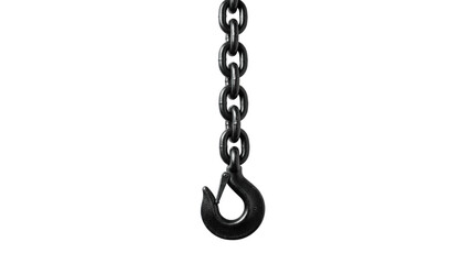 Metal chain hook isolated on white background, industrial lifting hardware element.