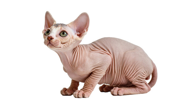 Isolated Sphynx cat kitten sitting, looking curious, with wrinkled pink skin and green eyes