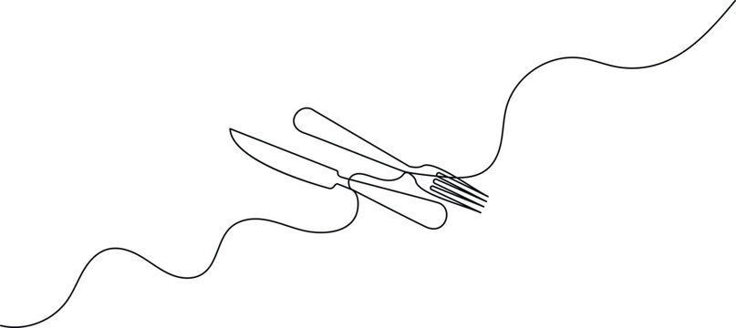 Minimalist continuous line drawing of knife and fork for restaurant and dining themes.
