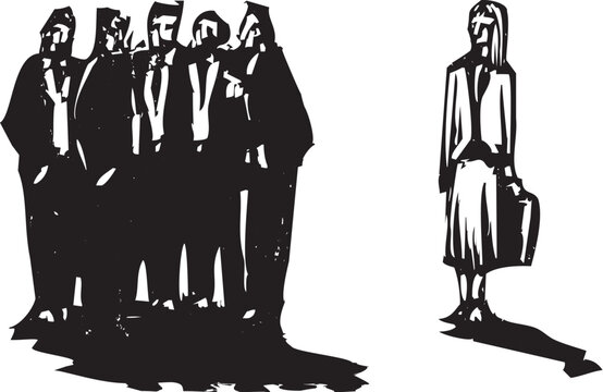 Woodcut style image of a woman being ignored at her workplace