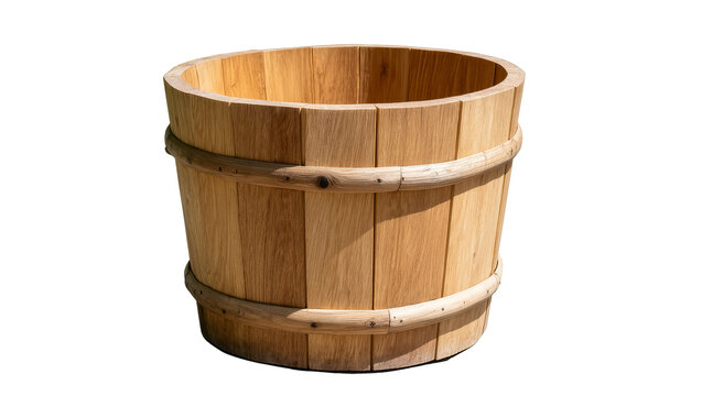 Isolated large round wooden tub planter or barrel, natural wood grain texture, rustic craftsmanship