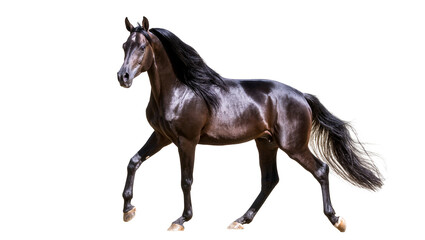 Isolated majestic dark horse prancing gracefully, showcasing its elegant physique and long flowing mane © Ari